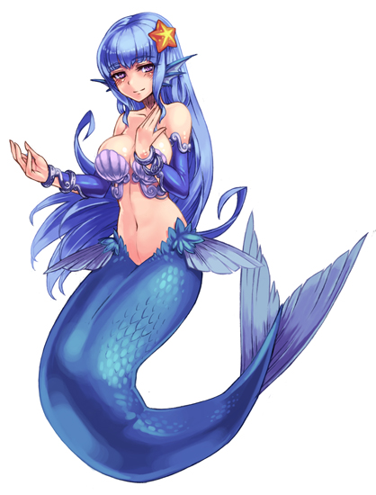 blue_hair hair_ornament kenkou_cross long_hair mermaid monster_girl monster_girl_encyclopedia original shell shell_bikini solo