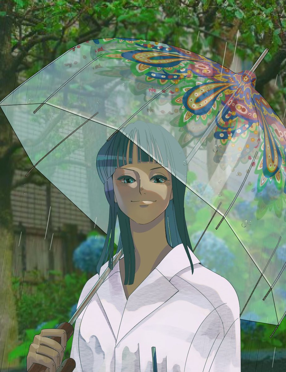 1girl bad_id bad_twitter_id blue_eyes blunt_bangs blunt_ends close-up commentary_request highres holding holding_umbrella korean_commentary looking_at_viewer medium_hair mulmulgogibbq nico_robin one_piece rain real_life_insert shirt smile solo tree umbrella white_shirt
