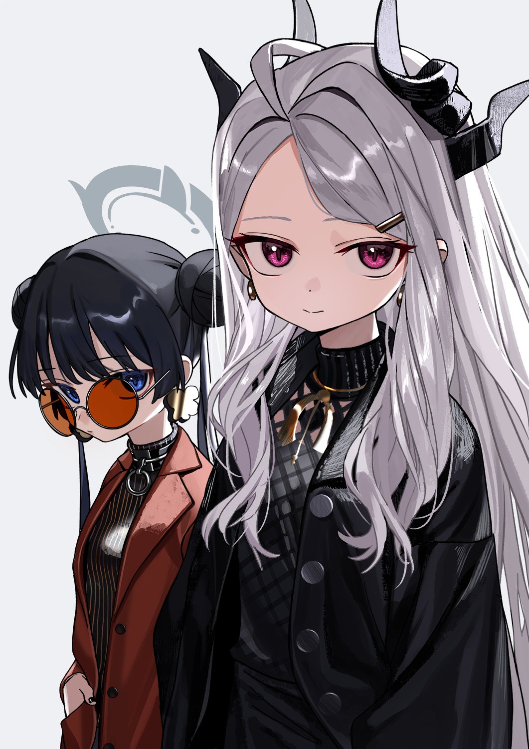 2girls ahoge alternate_costume black_dress black_hair blue_archive blue_eyes brown-tinted_eyewear brown_coat casual coat commentary_request dangle_earrings demon_girl demon_horns double_bun dress earrings forehead hair_between_eyes hair_bun halo highres hina_(blue_archive) horns jewelry kisaki_(blue_archive) long_hair long_sleeves looking_at_viewer looking_over_eyewear luicent multiple_girls open_clothes open_coat parted_bangs sidelocks simple_background sunglasses tinted_eyewear turtleneck_dress twintails violet_eyes wavy_hair white_background white_hair