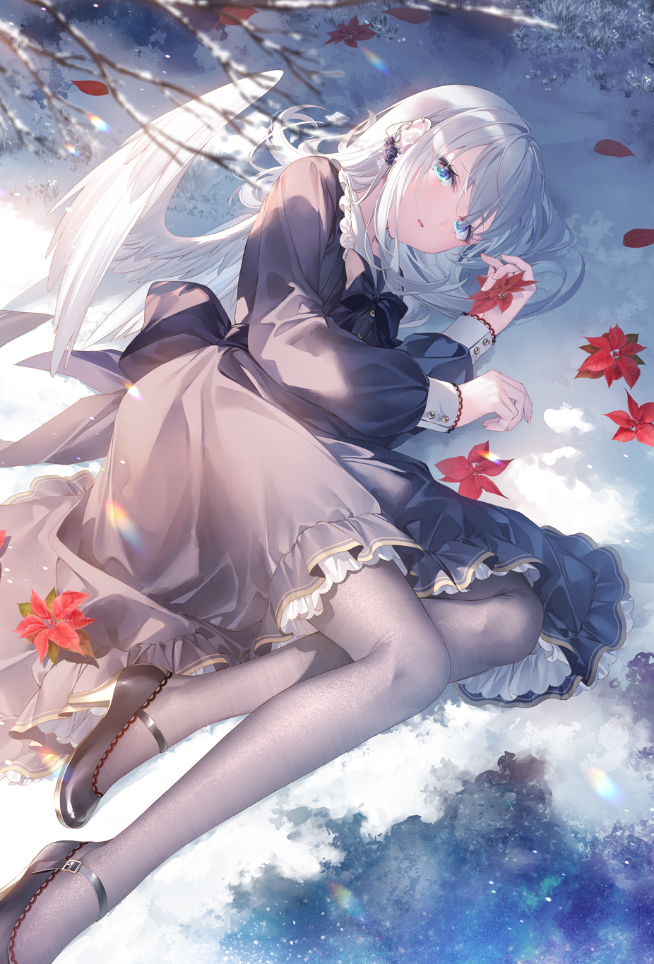 1girl back_bow black_bow black_dress black_footwear black_pantyhose blue_eyes bow ciel_(toosaka_asagi) dress feathered_wings hair_over_one_eye highres long_hair long_sleeves looking_at_viewer lying mary_janes on_side original pantyhose parted_lips shoes snow solo toosaka_asagi white_hair white_wings wings