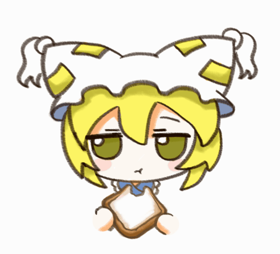 ! 1girl animal_ear_headwear blonde_hair blush bread bread_slice chibi eating food food_bite fumo_(doll) hat hat_tassel holding holding_food looking_at_viewer mob_cap portrait short_hair simple_background solo straight-on toast touhou white_background white_headwear yakumo_ran yakumora_n yellow_eyes