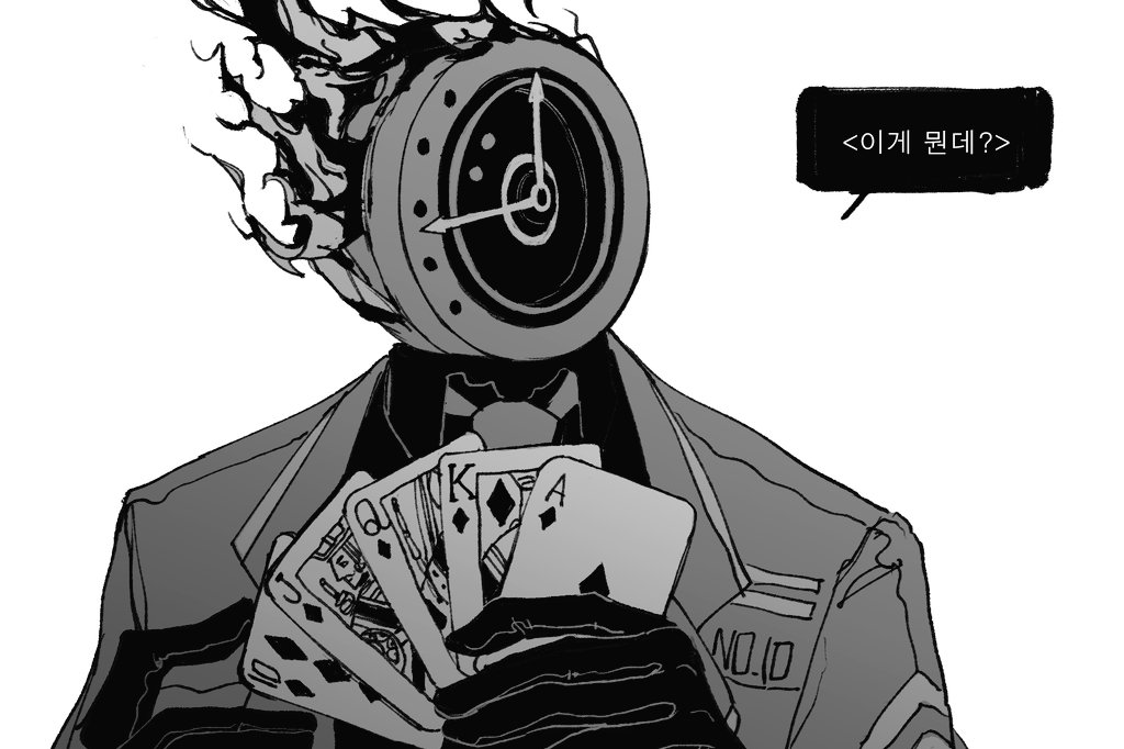 1other ace_(playing_card) ace_of_diamonds card coat collared_shirt dante_(limbus_company) diamond_(shape) greyscale hand_up holding holding_card jack_(playing_card) jack_of_diamonds king_(playing_card) king_of_diamonds korean_text limbus_company maskv monochrome necktie playing_card project_moon queen_(playing_card) queen_of_diamonds royal_flush shirt solo speech_bubble ten_of_diamonds translation_request