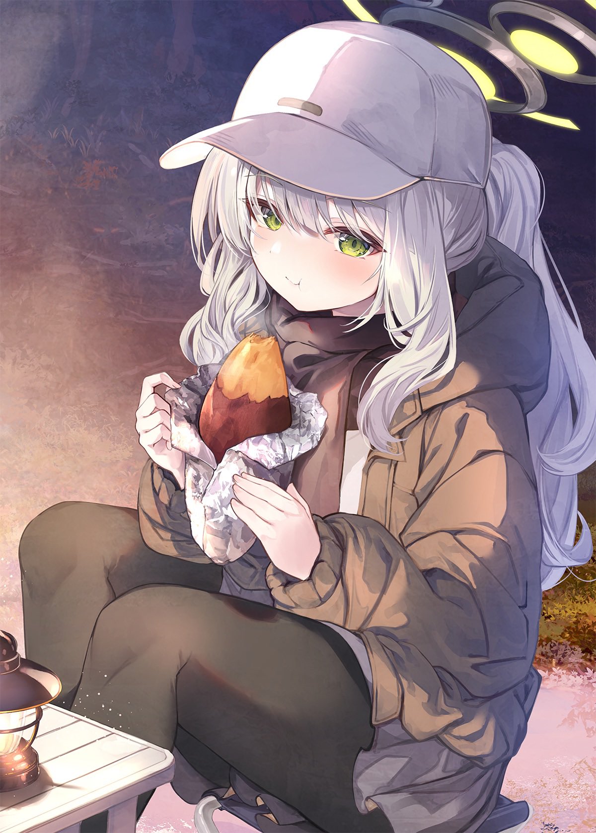 1girl black_pantyhose blue_archive blush brown_jacket brown_scarf commentary_request eating fal_maro food green_eyes green_halo grey_hair grey_skirt halo hare_(blue_archive) hare_(camp)_(blue_archive) highres jacket long_hair long_sleeves looking_at_viewer mechanical_halo official_alternate_costume pantyhose ponytail puffy_cheeks puffy_long_sleeves puffy_sleeves roasted_sweet_potato scarf sitting skirt solo sweet_potato wavy_hair white_headwear winter_clothes
