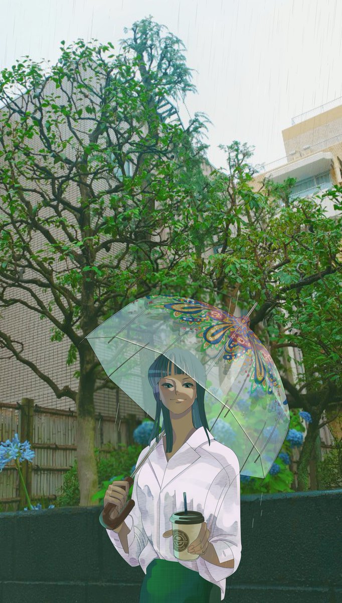 1girl bad_id bad_twitter_id blunt_bangs commentary_request cup flower green_pants highres holding holding_cup holding_umbrella korean_commentary looking_at_viewer medium_hair mulmulgogibbq nico_robin one_piece pants rain real_life_insert shirt smile solo tree umbrella upper_body white_shirt