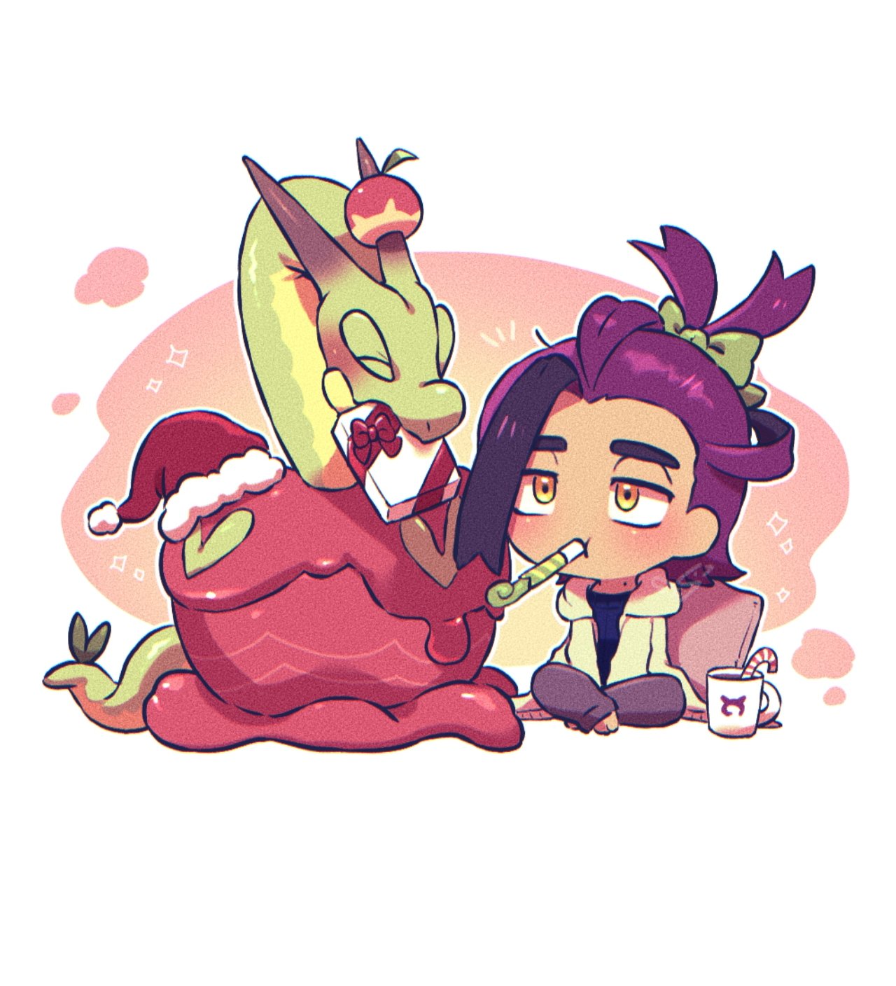 1boy apple bow candy candy_cane christmas closed_eyes commentary cup food fruit gift green_bow hat highres horns hydrapple kieran_(pokemon) pokemon pokemon_(creature) pokemon_sv purple_hair s_(esumi_kihomaru) santa_hat sitting symbol-only_commentary tail white_background worm yellow_eyes