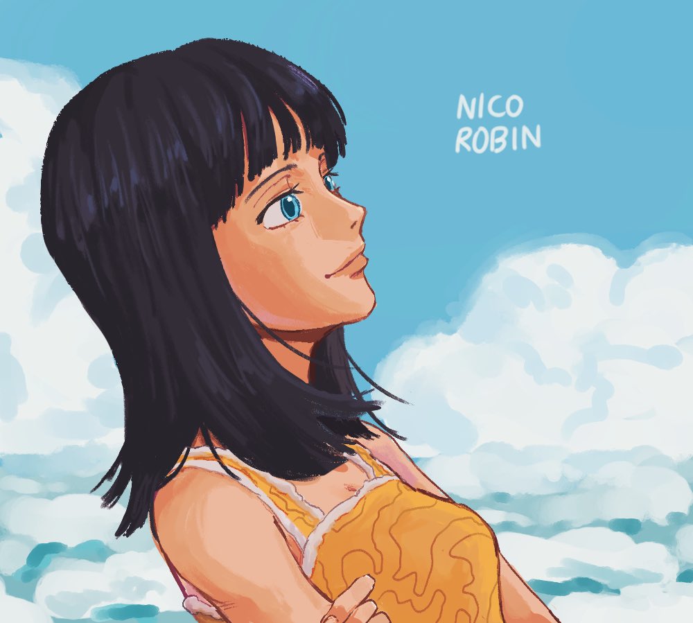 1girl bad_id bad_twitter_id black_hair blue_eyes blunt_bangs chacha_(op_chacha_) clouds commentary_request korean_commentary medium_hair nico_robin one_piece profile shirt sky sleeveless sleeveless_shirt smile solo yellow_shirt