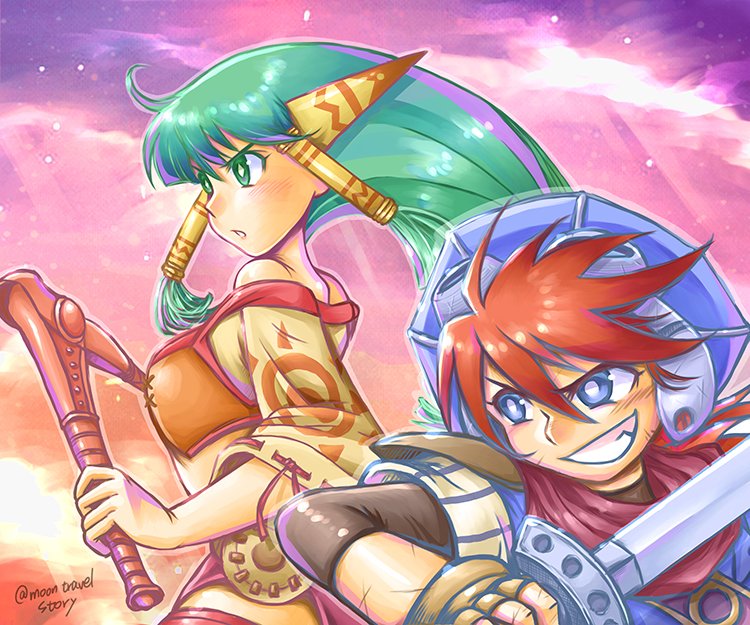 1boy 1girl bare_shoulders blue_eyes feena_(grandia) fingerless_gloves gloves grandia grandia_i green_eyes green_hair hair_ornament hair_tubes hat holding holding_sword holding_weapon justin_(grandia) long_hair open_mouth skirt smile sword thigh-highs weapon wide_sleeves