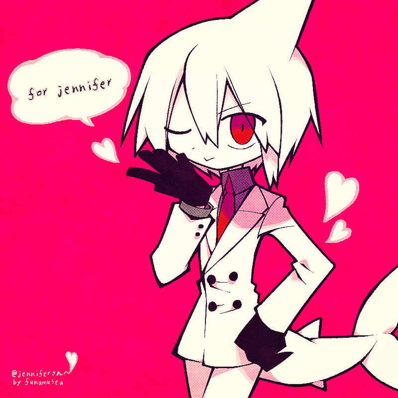 1boy artist_name black_gloves buttons colored_skin commission commissioner_name fins fish_tail funamusea funamusea_(artist) gloves heart official_art one_eye_closed oounabara_to_wadanohara pants pink_background red_eyes shark_boy shark_fin shark_tail simple_background skeb_commission smile solo suit syake_(wadanohara) tail white_hair white_pants white_skin white_suit