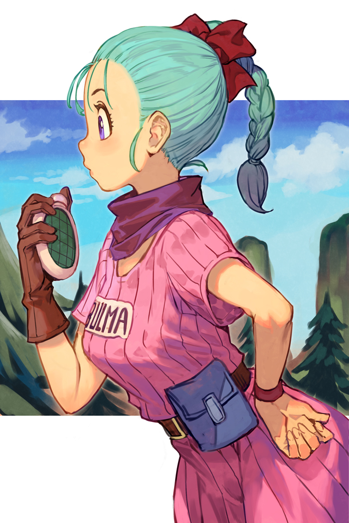 1girl bandana_around_neck belt blue_eyes blue_hair blush border bow braid braided_ponytail breasts brown_gloves bulma character_name clothes_writing clouds cowboy_shot day dragon_ball dragon_ball_(classic) dragon_radar dress fanny_pack fingernails from_side gloves hair_bow hand_on_own_hip hand_up hankuri long_hair looking_ahead medium_breasts nose_blush outdoors outside_border pine_tree pink_dress profile red_bow short_sleeves single_glove sky solo tree white_border