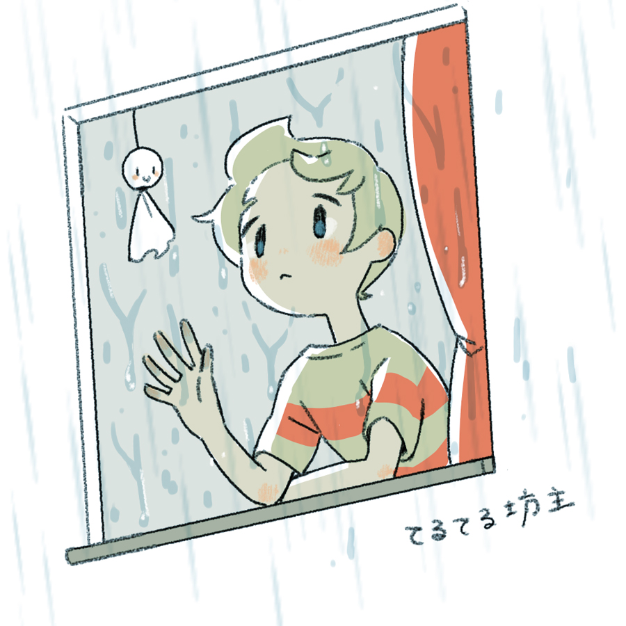 1boy black_eyes blonde_hair blush closed_mouth curtains frown looking_outside lucas_(mother_3) male_focus mother_(game) mother_3 rain shifumame shirt short_hair short_sleeves solo striped striped_shirt teruterubouzu translation_request window