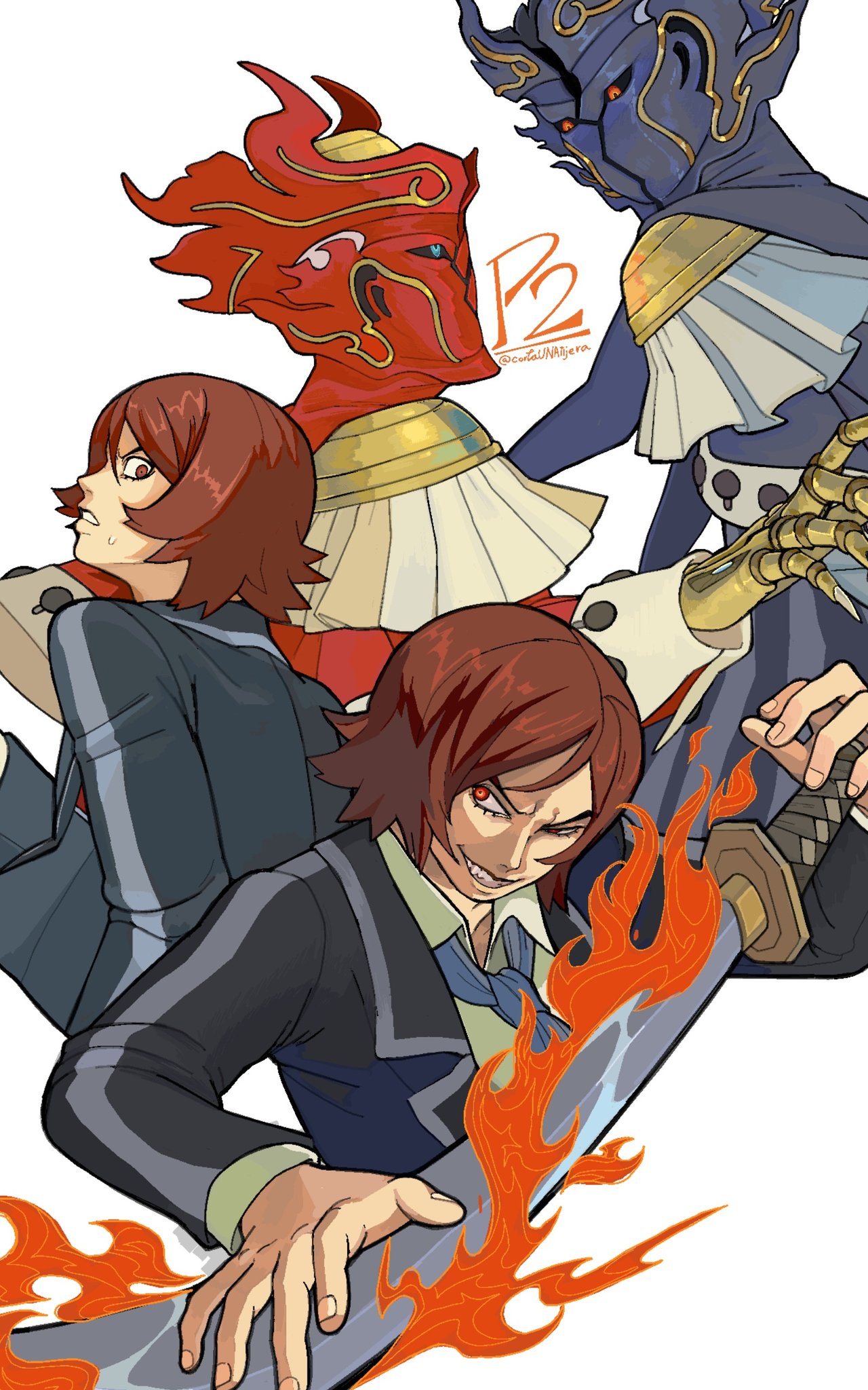 2boys 2others apollo_(persona_2) black_jacket blue_eyes brown_eyes brown_hair copyright_name cortaunatijera dual_persona epaulettes evil_smile flaming_sword flaming_weapon highres holding holding_sword holding_weapon jacket looking_at_another male_focus multiple_boys multiple_others necktie persona persona_2 purple_necktie red_eyes reverse_apollo school_uniform seven_sisters_high_school_uniform shadow_tatsuya shirt simple_background smile spanish_commentary suou_tatsuya sword weapon white_background white_shirt