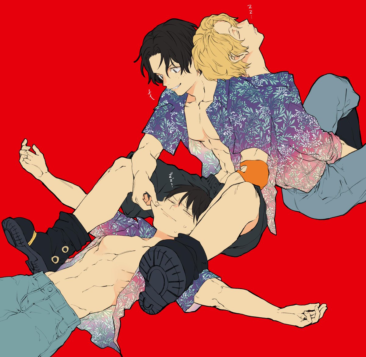 3boys bad_id bad_twitter_id black_hair black_shirt blonde_hair blue_pants boots closed_eyes commentary_request fish_(m8snknk) floral_print male_focus monkey_d._luffy multiple_boys one_piece open_clothes open_shirt pants portgas_d._ace red_background sabo_(one_piece) scar scar_on_face shirt simple_background sleeping smile torso