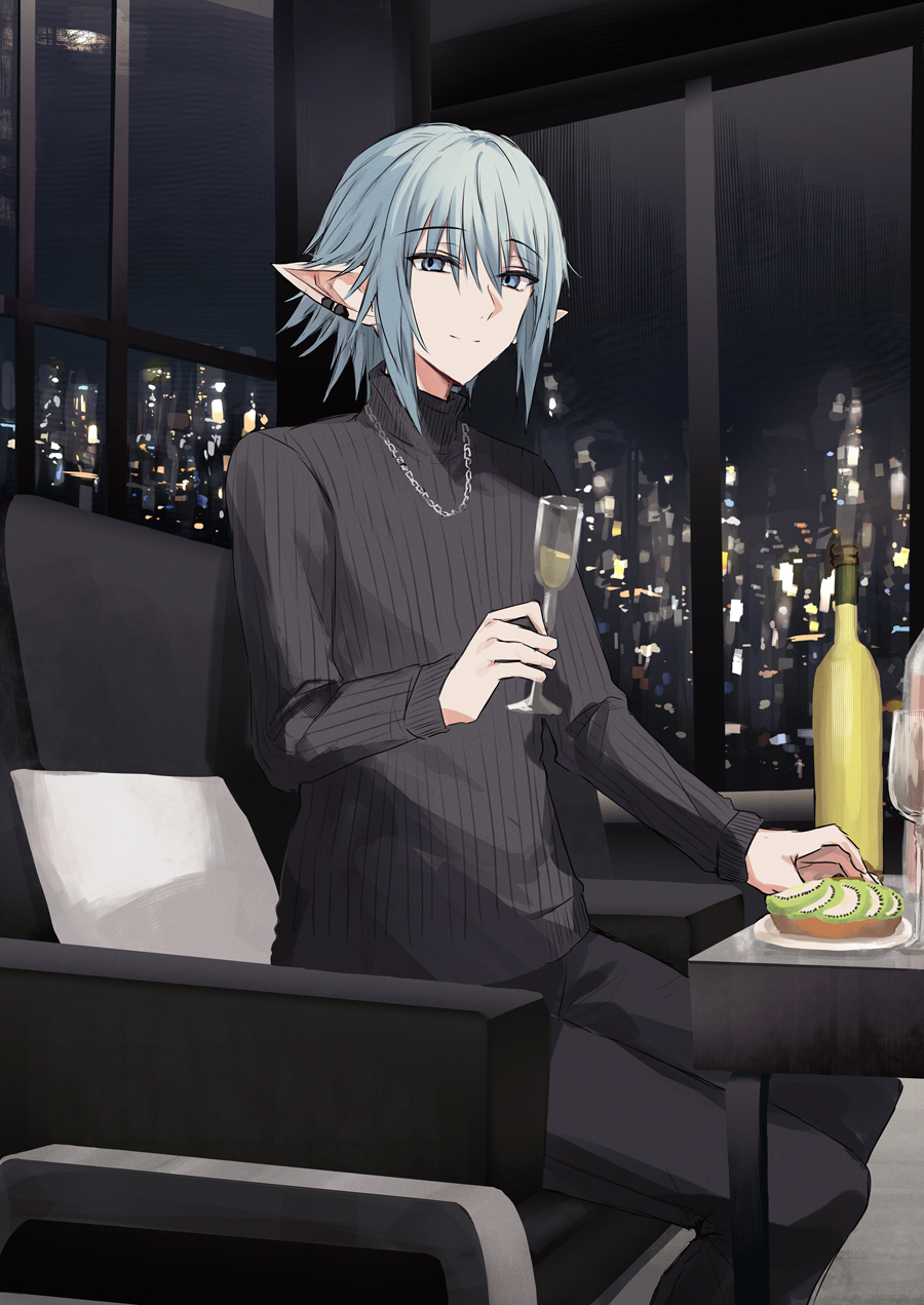 1boy alcohol armchair black_pants black_sweater blue_eyes blue_hair chair champagne champagne_bottle champagne_flute closed_mouth cup drinking_glass ear_piercing final_fantasy final_fantasy_xiv hair_between_eyes haurchefant_greystone highres holding holding_cup indoors kinona looking_at_viewer male_focus night night_sky on_chair pants piercing pillow pointy_ears ribbed_sweater sitting sky smile solo sweater turtleneck turtleneck_sweater window