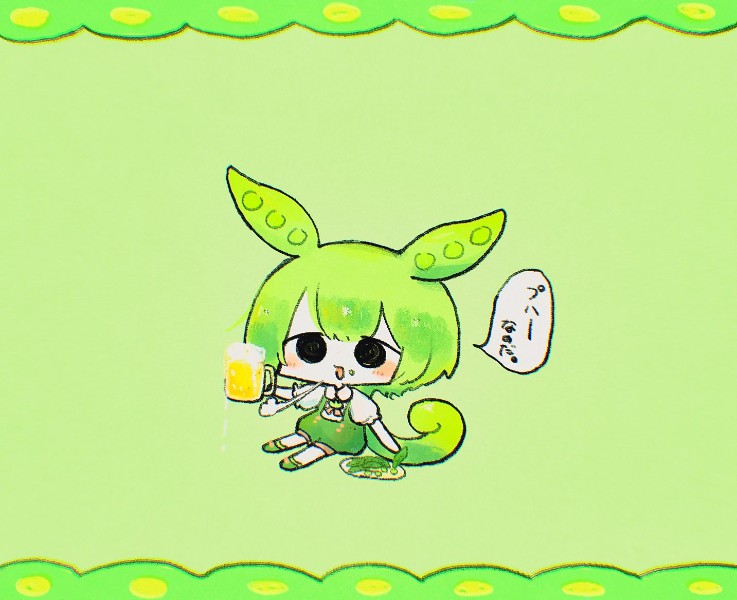 1girl alcohol beer beer_mug black_eyes blush chibi commentary cup edamame_(food) food green_background green_footwear green_hair green_shorts green_theme holding holding_cup holding_food long_hair looking_at_viewer mug open_mouth pankichi_anko plate puff_of_air puffy_short_sleeves puffy_sleeves shirt short_sleeves shorts simple_background sitting solo speech_bubble suspender_shorts suspenders translation_request voiceroid voicevox white_shirt wide_shot zundamon