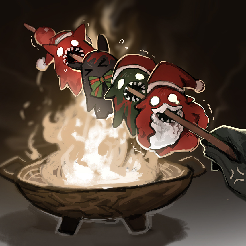 1other beard bow bowtie cooking dante_(limbus_company) facial_hair fire flaw_eight gnome_(project_moon) green_bow green_bowtie hat limbus_company open_mouth pov pov_hands project_moon santa_hat sharp_teeth skewer teeth trembling wok