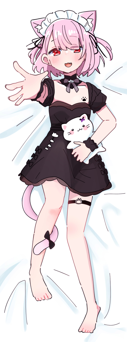1girl animal_ear_fluff animal_ears bed_sheet black_bow black_ribbon blunt_bangs bow cat cat_ears choker commentary dakimakura_(medium) ear_piercing highres holding indie_virtual_youtuber maid_headdress medium_hair mikeneko_(utaite) open_mouth piercing pink_hair reaching reaching_towards_viewer red_eyes ribbon ribbon_choker sakana_(saka11205) smile symbol-only_commentary tail tail_wrap twintails