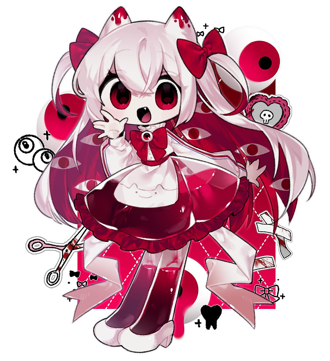 1girl :d animal_ears blonde_hair blood bow bowtie chibi colored_inner_hair commentary disembodied_eye fang frilled_skirt frills full_body hair_bow hand_up highres long_hair long_sleeves looking_at_viewer multicolored_hair nanle open_mouth original red_bow red_bowtie red_eyes redhead scissors shirt shoes skirt smile solo two_side_up very_long_hair white_footwear white_hair white_shirt