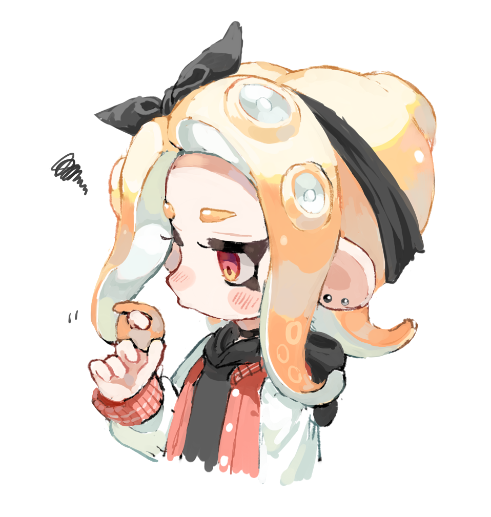 1girl adjusting_hair black_bow black_hairband blonde_hair bow commentary_request ear_piercing hairband jacket letterman_jacket medium_hair myon_rio octoling octoling_girl piercing pointy_ears pout red_eyes simple_background solo splatoon_(series) squiggle tentacle_hair upper_body white_background