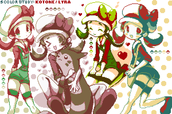&gt;_&lt; 1girl :3 alternate_color art_study bag blush_stickers bow cabbie_hat character_name christy_frisby closed_eyes dot_mouth dot_nose english_commentary furret hat hat_bow heart holding holding_pokemon hug kneeling limited_palette long_sleeves looking_back lyra_(pokemon) one_eye_closed open_mouth overalls palette_swap poke_ball pokemon pokemon_(creature) pokemon_hgss polka_dot polka_dot_background red_shirt shirt smile sprite_art standing thigh-highs twintails white_headwear