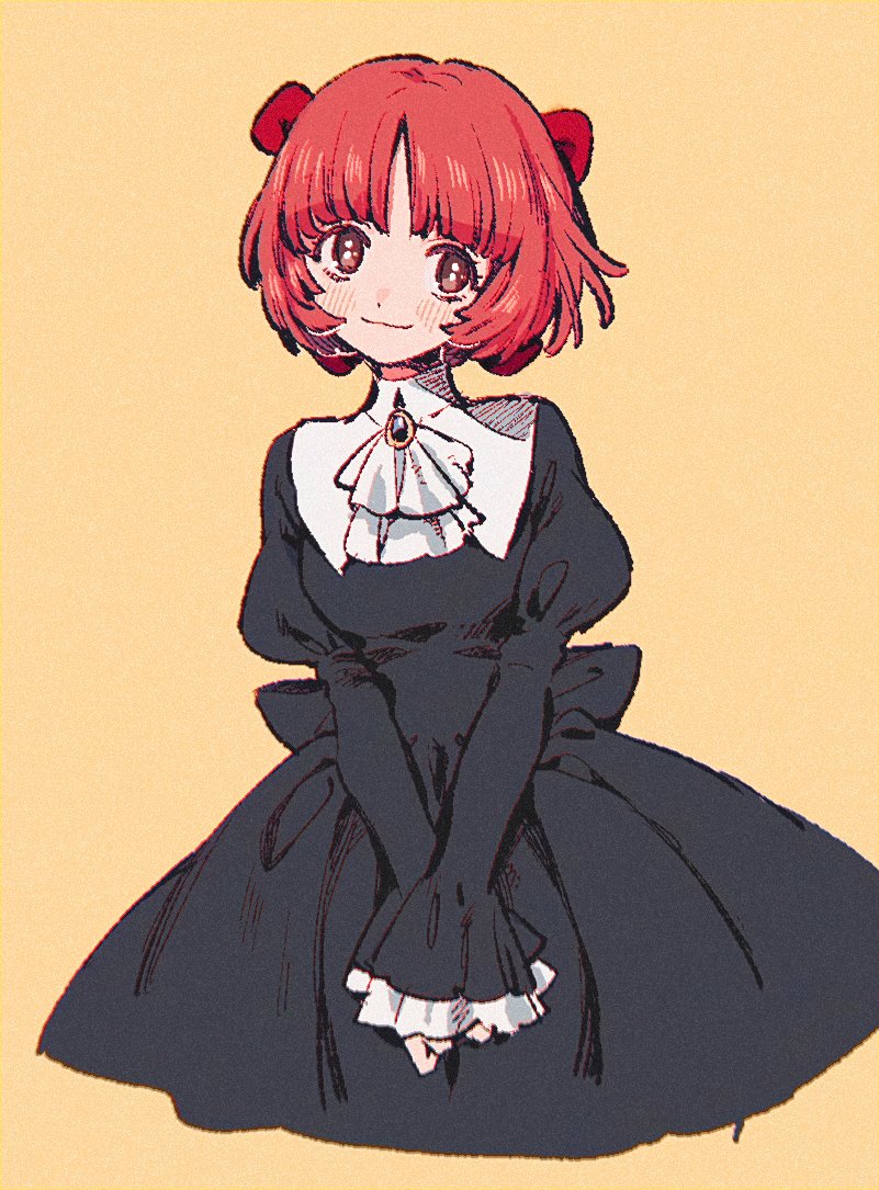 1girl aged_up ascot black_dress black_jack_(series) blush bob_cut bow brooch closed_mouth cropped_torso dress hair_bow jewelry juliet_sleeves long_sleeves looking_at_viewer m: own_hands_together pinoko puffy_sleeves red_bow red_eyes redhead simple_background sleeves_past_wrists smile solo v_arms white_ascot wide_sleeves yellow_background