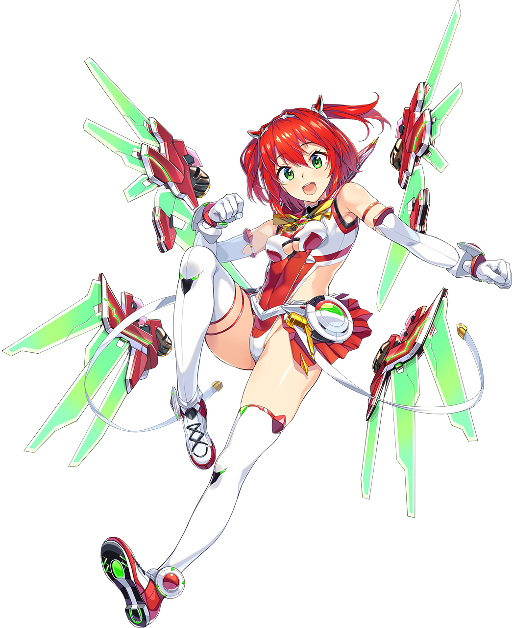1girl detached_wings elbow_gloves escalation_heroines full_body gin_(ginshari) gloves green_eyes highres leotard mecha_musume mechanical_wings multiple_wings official_art open_mouth photoshop_(medium) pleated_skirt red_sailor_collar red_skirt redhead sailor_collar short_hair skirt sleeveless solo sonozaki_akari thigh-highs two_side_up white_background white_gloves white_thighhighs wings
