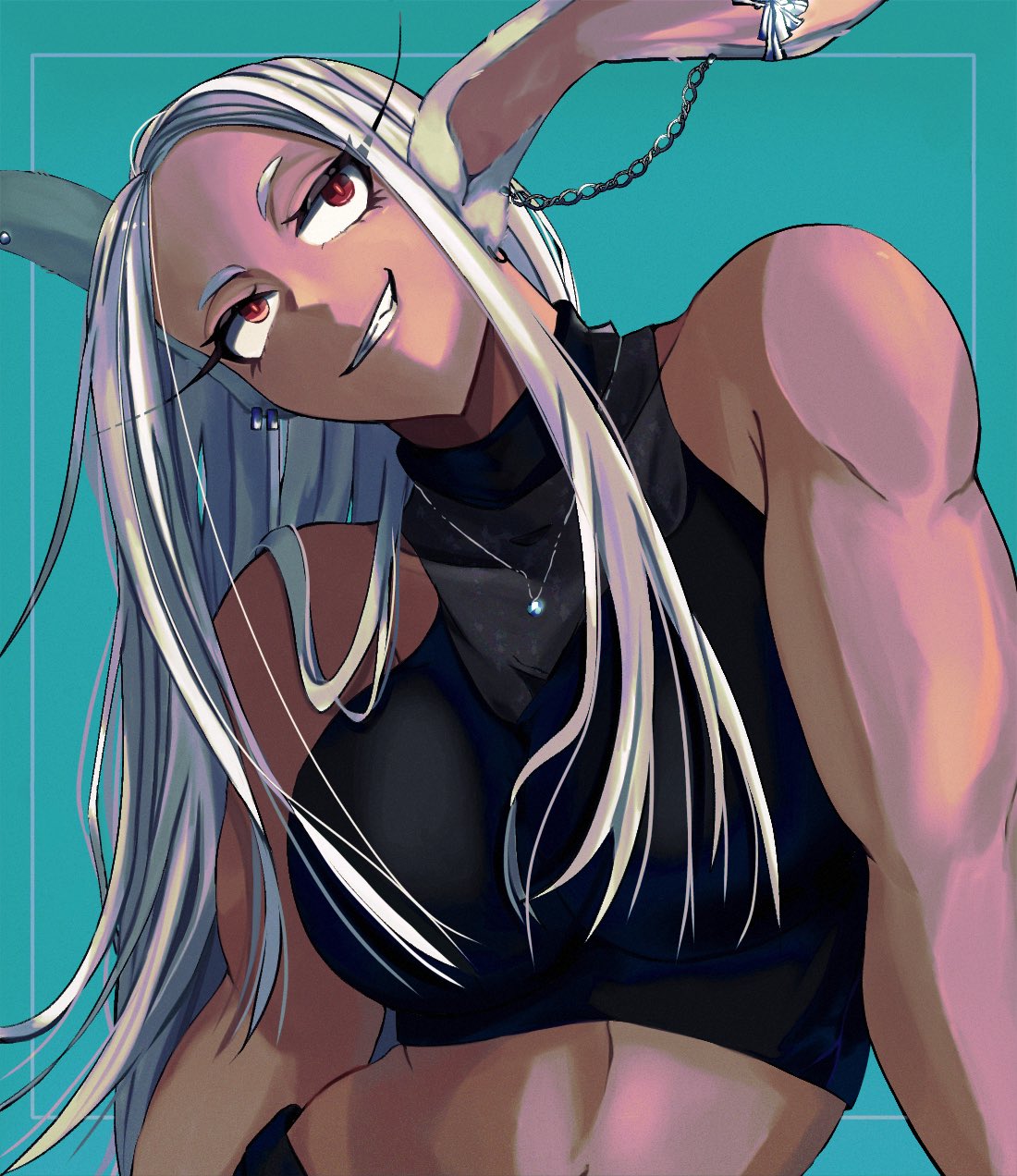 1girl animal_ears bare_shoulders belly black_tube_top blue_background boku_no_hero_academia breasts chain dark_skin ear_chain evil_smile highres jewelry large_breasts long_hair midriff midriff_peek mirko mmsb_551 muscular muscular_female necklace rabbit_ears red_eyes simple_background smile solo strapless tube_top white_hair