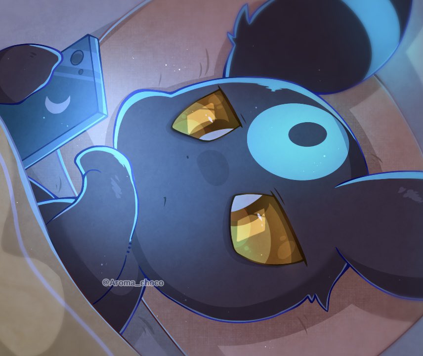 alternate_color aroma_(aroma_choco) artist_name blanket cellphone holding holding_phone looking_at_phone lying no_humans on_back phone pillow pokemon pokemon_(creature) shiny_pokemon smartphone umbreon upper_body watermark yellow_eyes