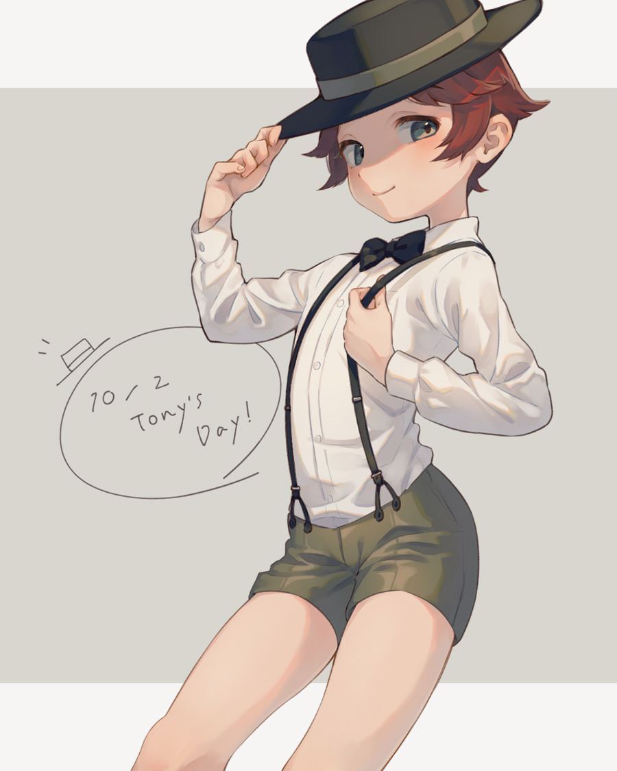1boy black_bow black_bowtie black_headwear bow bowtie brown_eyes brown_hair character_name closed_mouth green_shorts hat_tip long_sleeves looking_at_viewer male_focus mother_(game) mother_2 shifumame shirt short_hair shorts smile suspenders tony_(mother_2) white_shirt