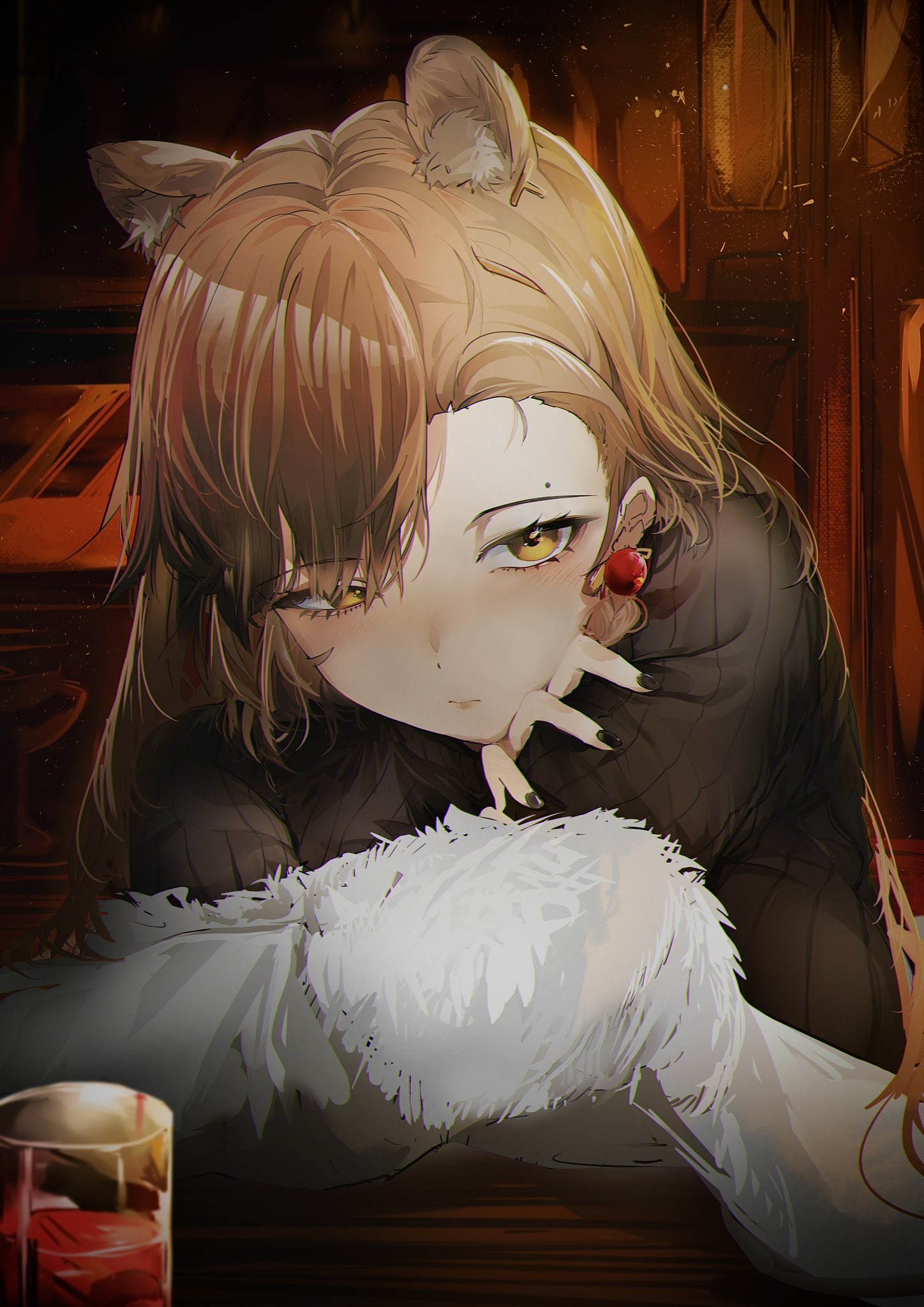 1girl animal_ears arknights black_hair black_sweater blush brown_hair coat commentary crossed_arms fur-trimmed_coat fur_trim glass hair_over_one_eye hamaguri-san_(hamagur69200744) highres indoors long_hair looking_at_viewer mole_above_eye nail_polish official_alternate_costume penance_(arknights) penance_(occasionally_flushed)_(arknights) sketch solo sweater upper_body white_coat wolf_ears wolf_girl yellow_eyes