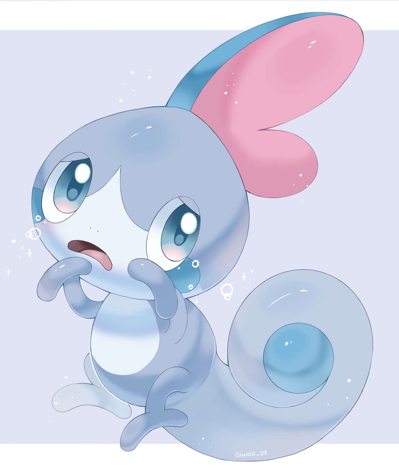 alternate_color animal_focus blue_background blue_eyes border colored_skin commentary fins grey_skin head_fins highres iwasi_29 letterboxed no_humans open_mouth pokemon pokemon_(creature) sad shiny_pokemon simple_background sobble symbol-only_commentary tail tears white_border