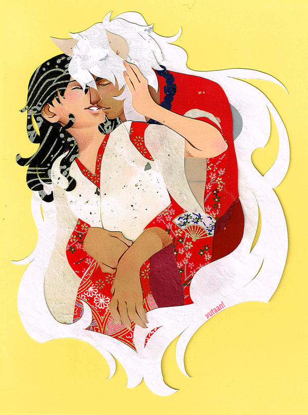 1boy 1girl animal_ears arms_around_waist artist_name black_hair closed_eyes commentary dark-skinned_male dark_skin dog_ears english_commentary fan_print floral_print hand_on_another's_head hetero higurashi_kagome hug hug_from_behind inuyasha inuyasha_(character) japanese_clothes jewelry kimono kiss long_hair long_sleeves mixed-language_commentary necklace open_mouth pink_lips red_kimono red_sleeves romaji_commentary shirt simple_background smile teeth thick_eyebrows upper_body very_long_hair white_hair white_shirt white_sleeves wide_sleeves yellow_background yutaan