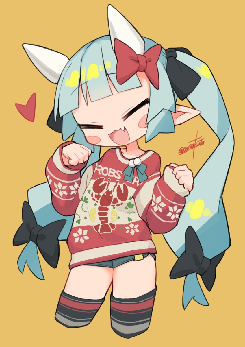 1girl :3 blue_hair blue_shorts blunt_bangs blush_stickers bow closed_eyes cropped_legs demon_girl demon_horns fang hair_bow highres horns long_hair long_sleeves nanatsuta open_mouth original pointy_ears red_bow red_sweater short_shorts shorts signature simple_background sleeves_past_wrists solo sweater thigh-highs twintails very_long_hair yellow_background
