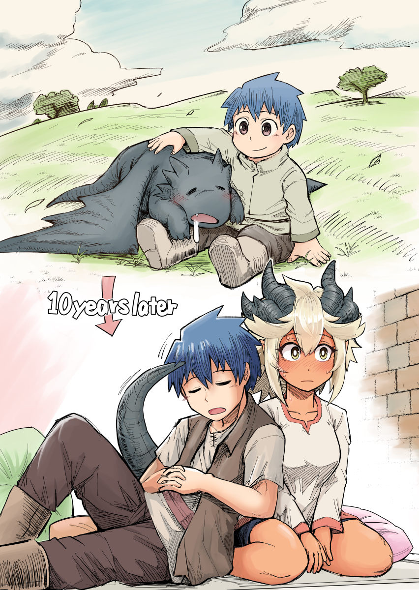 1boy 1girl age_progression arrow_(symbol) blue_hair blush boots bright_pupils child closed_eyes closed_mouth clouds cushion dark-skinned_female dark_skin dragon dragon_girl dragon_horns drooling fantasy field highres horns kuma_yasuhisa leaning_on_person on_bed open_mouth original outdoors own_hands_together pants short_hair short_shorts short_sleeves shorts sitting sleeping smile tree vest western_dragon white_hair white_pupils