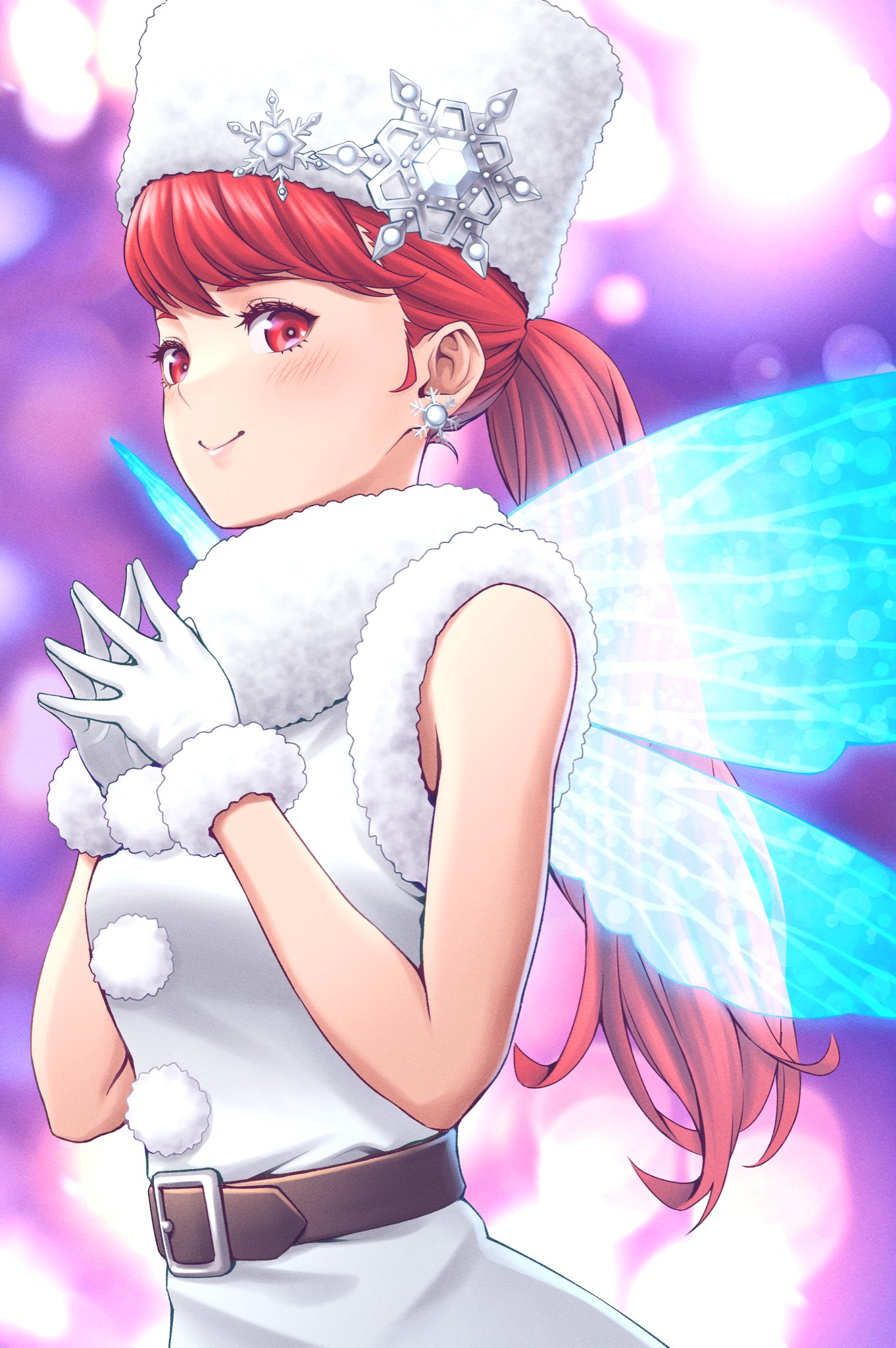 1girl ajirogasa belt belt_buckle blush brown_belt buckle christmas commentary dress earrings fairy_wings fur-trimmed_gloves fur-trimmed_headwear fur_collar fur_trim gloves hat highres jewelry lips long_hair looking_at_viewer masatoshi_1219 official_alternate_costume own_hands_together persona persona_5 persona_5_the_royal pink_lips ponytail red_eyes redhead sleeveless sleeveless_dress smile solo white_dress white_gloves white_headwear wings yoshizawa_kasumi