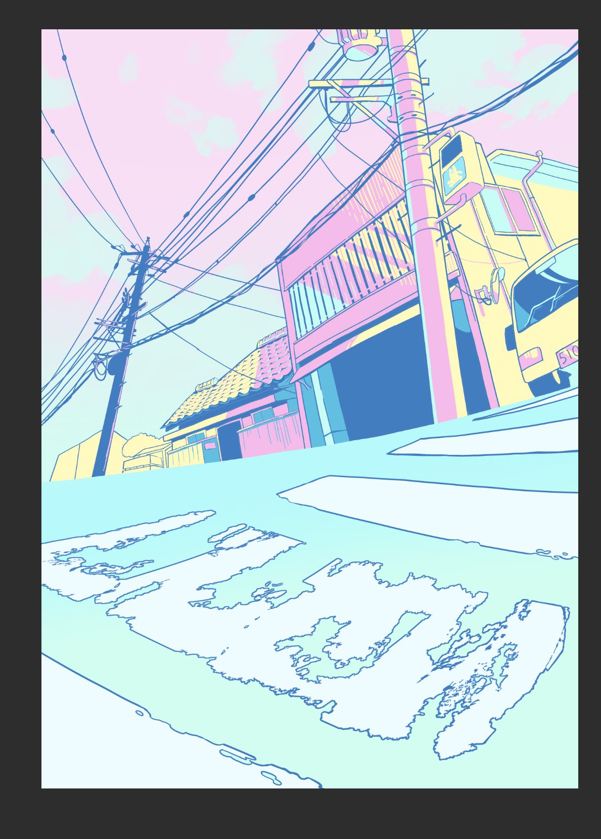 black_border border building clouds cloudy_sky commentary_request day highres jacktaro no_humans original outdoors pastel_colors power_lines road scenery sky utility_pole