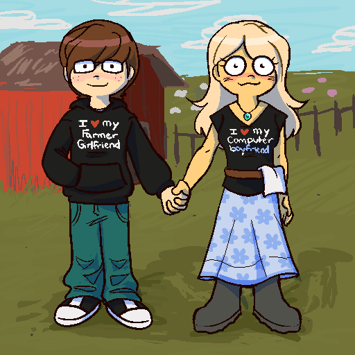 artist_self-insert blonde_hair blush brown_hair coco_schoppenboer cosplay couple english_text farm freckles glasses hetero holding_hands looking_at_viewer matching_clothes_writing non-web_source ongezellig pixel_art scribble self-upload simple_background trad_girl trad_girl_(cosplay)
