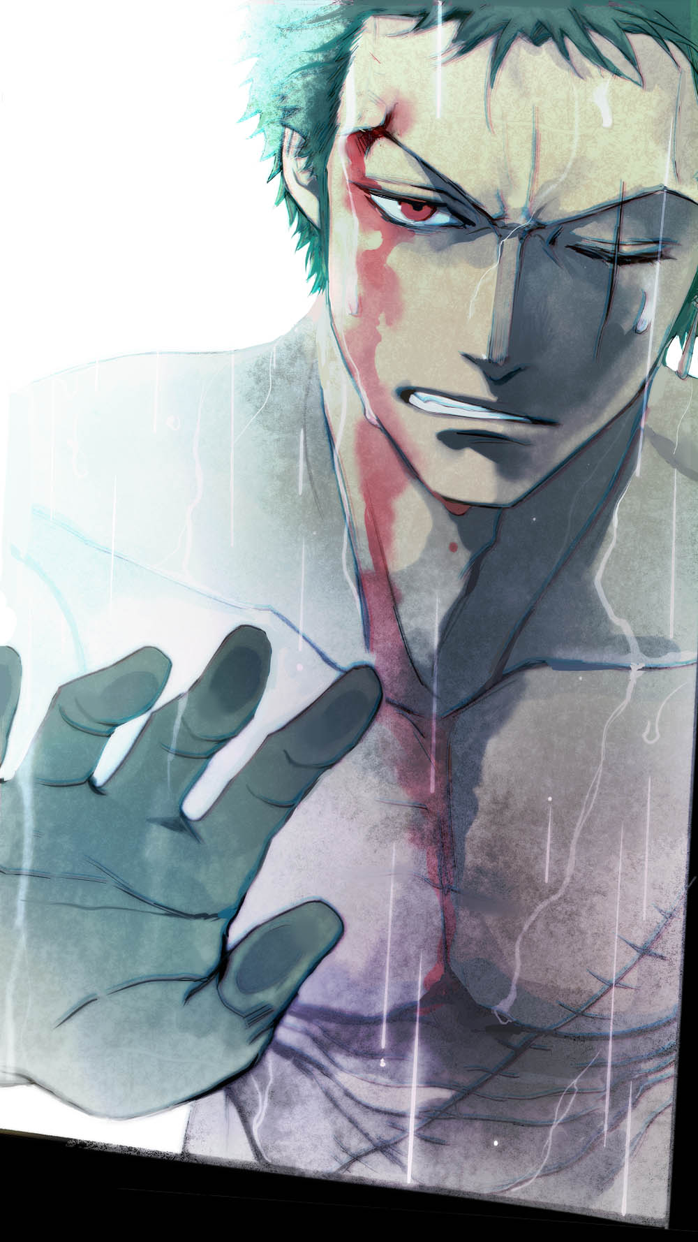 1boy abs blood blood_on_chest blood_on_face chinese_commentary clenched_teeth commentary_request earrings green_hair highres jewelry male_focus one_eye_closed one_piece red_eyes roronoa_zoro scar scar_across_eye scar_on_chest scar_on_face short_hair single_earring solo teeth topless_male vovo2000 water_drop