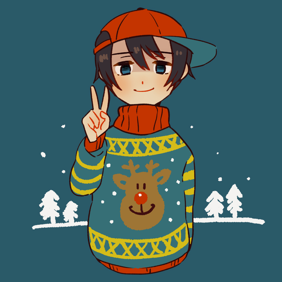 1boy arm_at_side black_hair blue_background blue_eyes christmas_sweater closed_mouth cropped_torso long_hair looking_at_viewer male_focus mother_(game) mother_1 ninten red_headwear shifumame sideways_hat smile solo sweater v