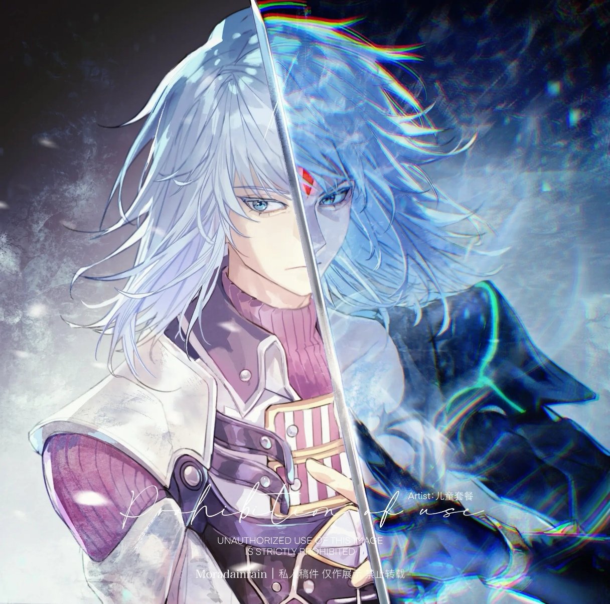 1boy artist_name blue_eyes closed_mouth commentary_request english_text facial_mark forehead_mark highres jin_(xenoblade) male_focus purple_sweater raininmoradain sweater sword upper_body weapon white_hair xenoblade_chronicles_(series) xenoblade_chronicles_2 xenoblade_chronicles_2:_torna_-_the_golden_country
