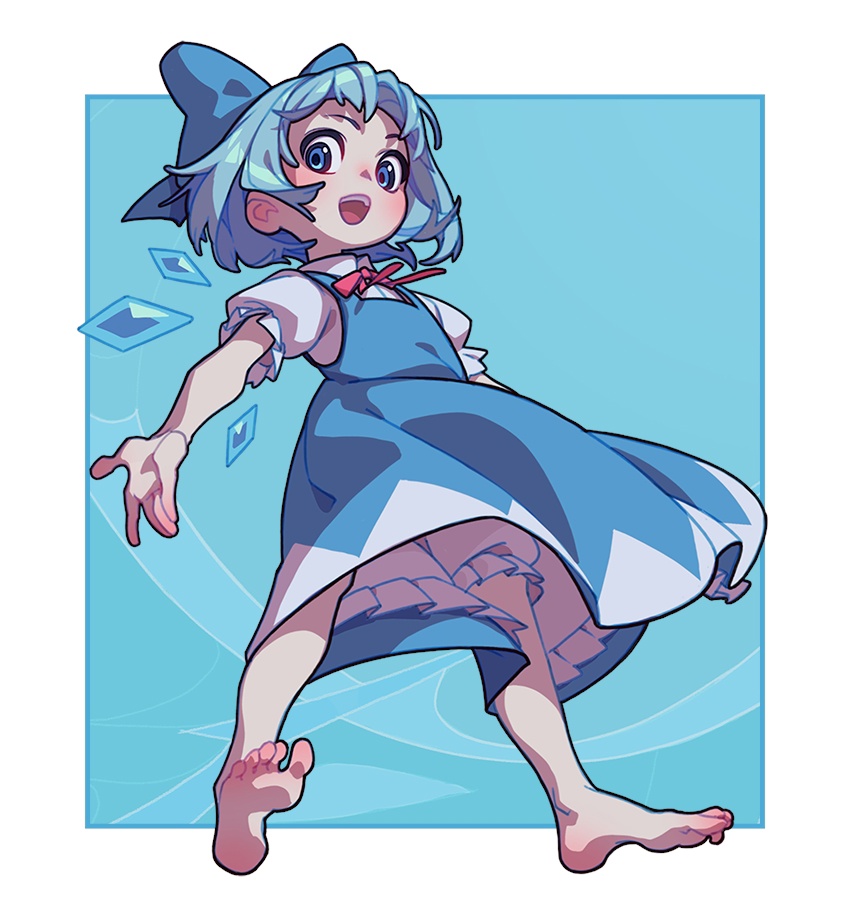 1girl :d aqua_background aqua_theme barefoot bloomers blue_bow blue_dress blue_eyes blue_hair border bow cirno collared_shirt dress hair_bow ice ice_wings neck_ribbon outstretched_arms pinafore_dress red_ribbon ribbon shirt short_hair sleeveless sleeveless_dress smile soemy solo touhou white_border white_shirt wings