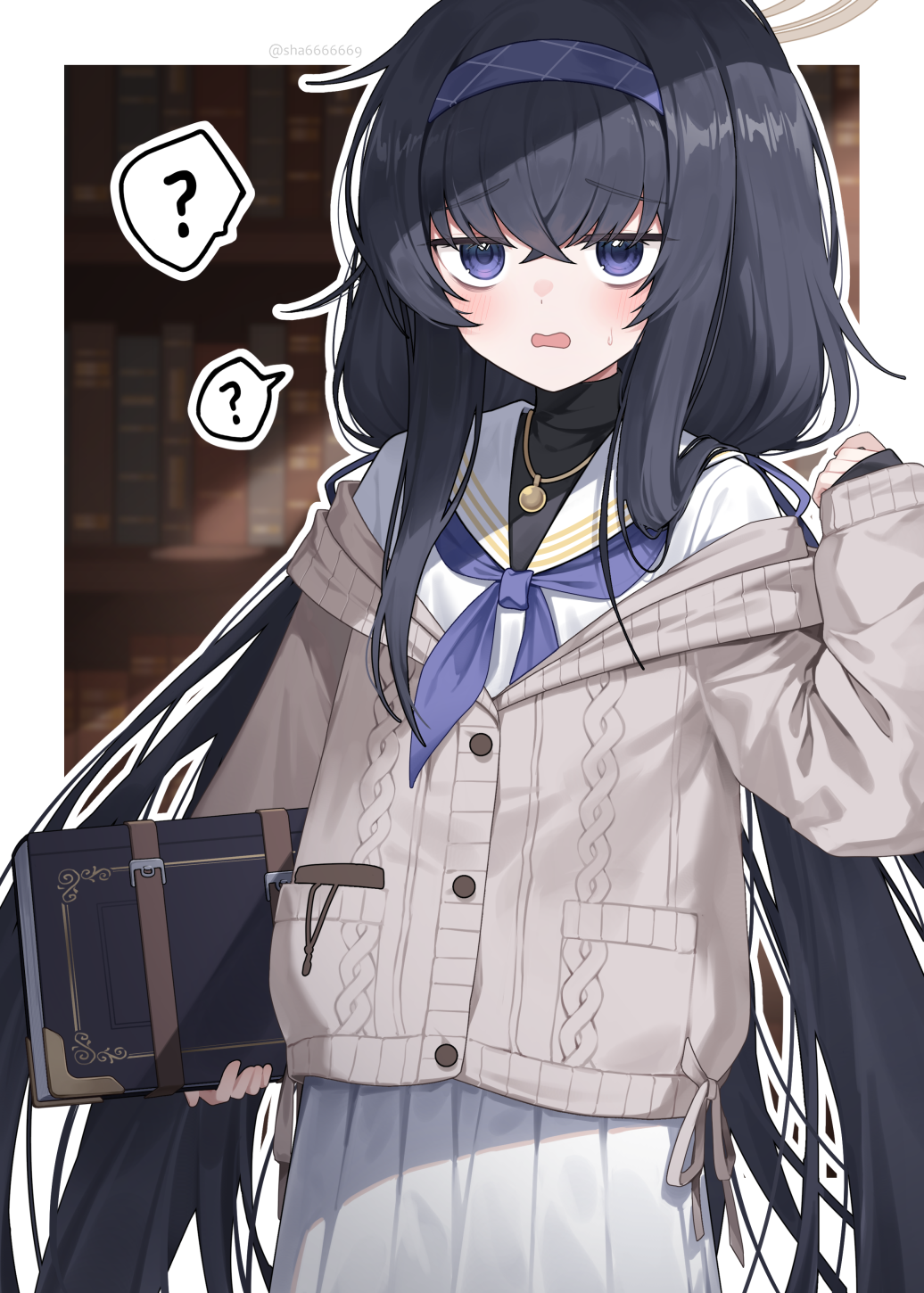 1girl ? black_hair blue_archive blue_neckerchief blush book cardigan grey_cardigan hair_between_eyes hairband halo highres holding holding_book jewelry long_hair long_sleeves looking_at_viewer neckerchief open_mouth pendant pleated_skirt purple_hairband sailor_collar shrimp_cake skirt solo spoken_question_mark ui_(blue_archive) violet_eyes white_sailor_collar white_skirt