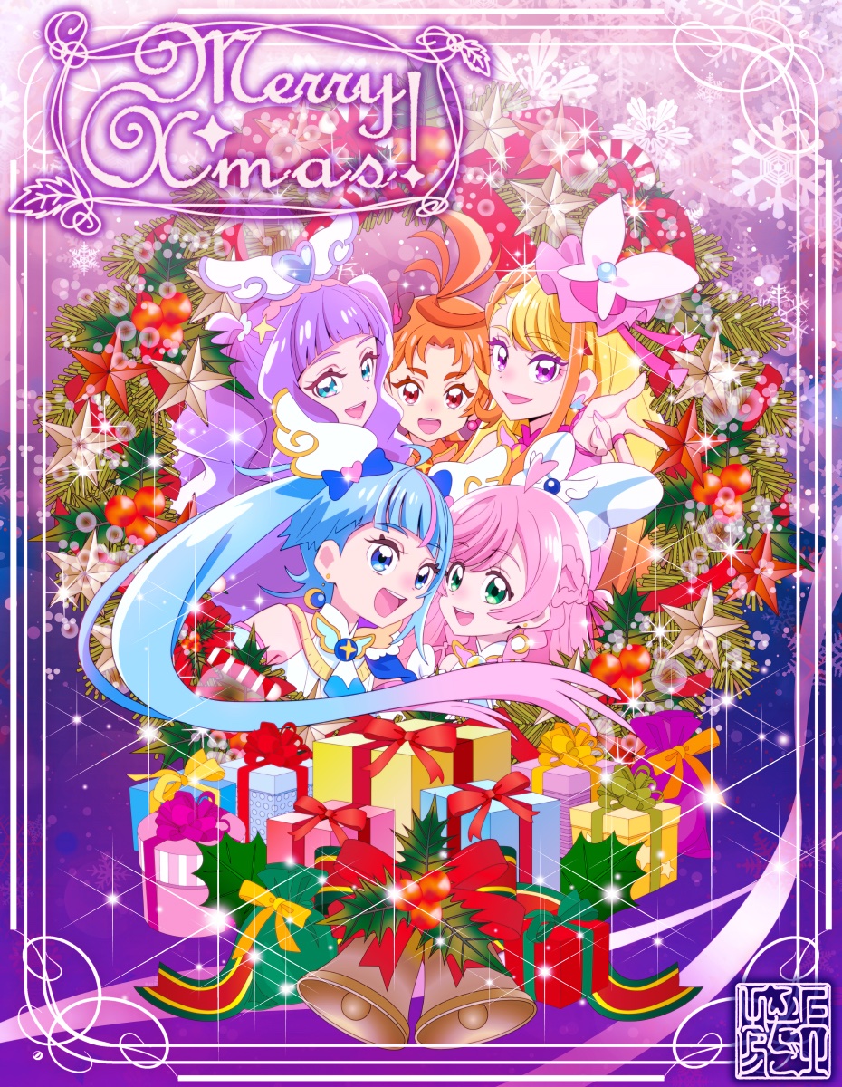 1boy 4girls :d ahoge aqua_eyes artist_logo blonde_hair blue_eyes blue_hair border brown_hair christmas christmas_present commentary_request cure_butterfly cure_majesty cure_prism cure_sky cure_wing earrings ellee-chan english_commentary english_text eyelashes gift gradient_background gradient_hair green_eyes hair_ornament happy highres hijiri_ageha hirogaru_sky!_precure jewelry kamikita_futago long_hair looking_at_viewer magical_boy magical_girl merry_christmas mistletoe mixed-language_commentary multicolored_hair multiple_girls nijigaoka_mashiro open_mouth orange_hair pink_hair precure purple_background purple_hair red_eyes smile sora_harewataru stamp_mark streaked_hair twintails two-tone_hair very_long_hair violet_eyes wing_hair_ornament yuunagi_tsubasa