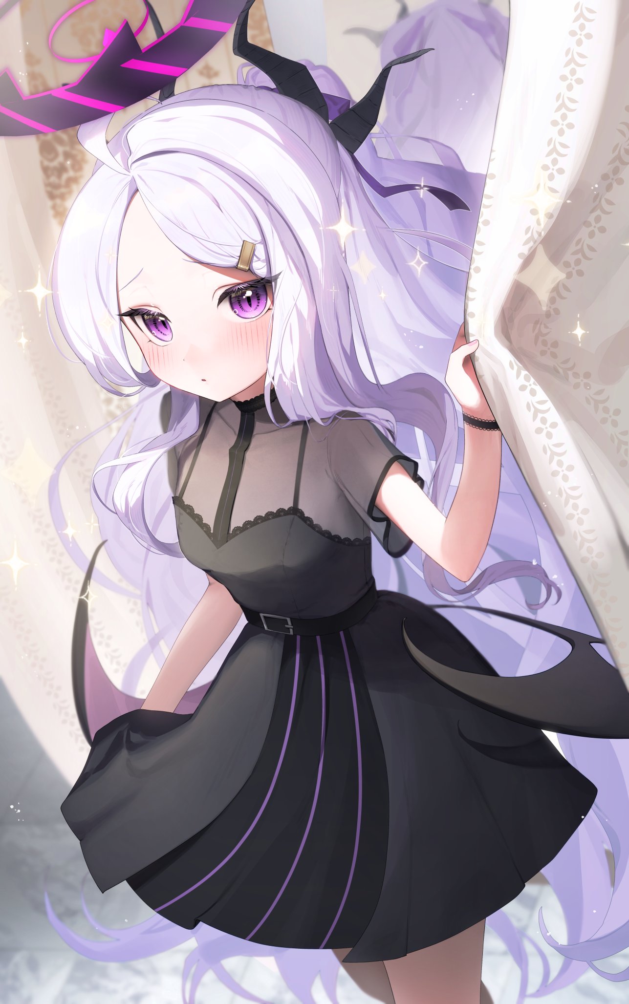 1girl ahoge alternate_costume black_dress blue_archive blush bracelet changing_room collarbone commentary_request curtains demon_girl demon_horns demon_wings dress forehead hair_ornament hairclip halo highres hina_(blue_archive) horns indoors jewelry long_hair looking_at_viewer mirror oomabiblogo2 parted_bangs parted_lips see-through see-through_dress short_sleeves sidelocks solo violet_eyes wavy_hair white_hair wings