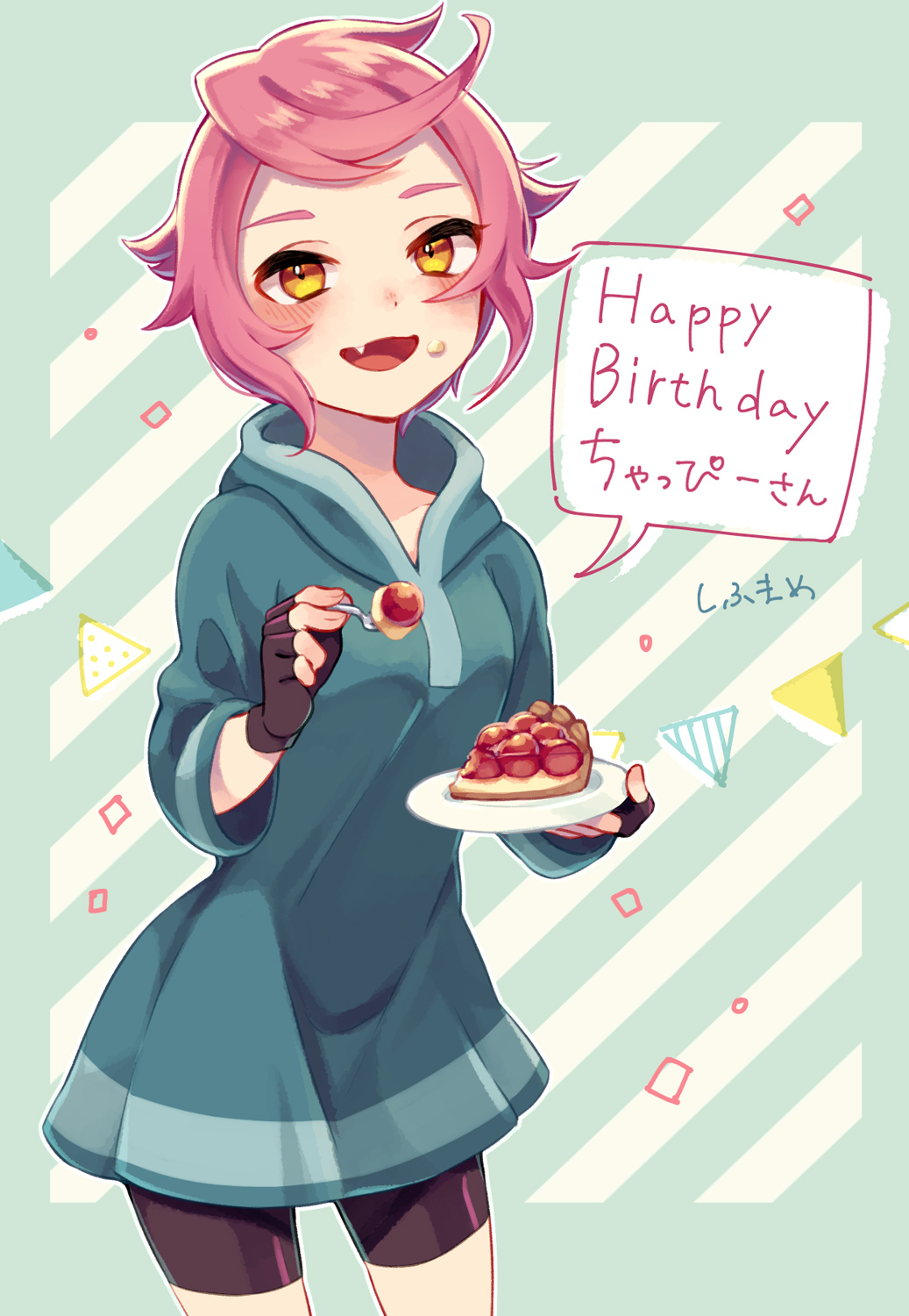 1girl bike_shorts black_gloves black_shorts blue_dress blush dot_nose dress fang fingerless_gloves food food_on_face gloves happy_birthday highres hooded_dress kumatora mother_(game) mother_3 open_mouth pink_hair plate shifumame short_hair shorts solo speech_bubble translation_request yellow_eyes