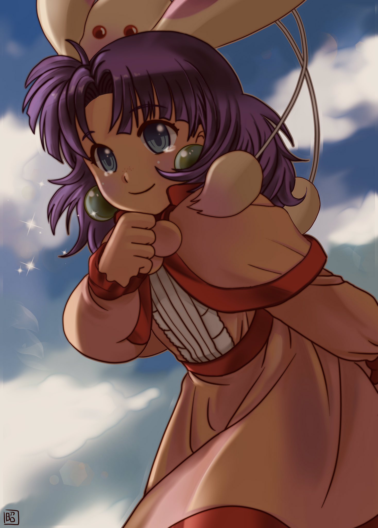 1girl blue_eyes clouds crying crying_with_eyes_open dress earrings grandia grandia_i hair_ornament highres jewelry long_hair looking_at_viewer okobore_de_shou pink_dress purple_hair puui_(grandia) smile sue_(grandia) tears