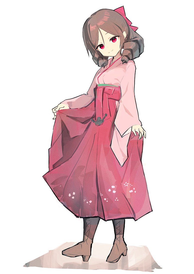 1girl boots bow brown_footwear brown_hair closed_mouth drill_hair full_body hair_bow hakama hakama_hold harukaze_(kancolle) japanese_clothes kantai_collection kimono long_sleeves looking_at_viewer meiji_schoolgirl_uniform pink_bow pink_kimono red_eyes red_hakama simple_background solo standing wide_sleeves yasushi