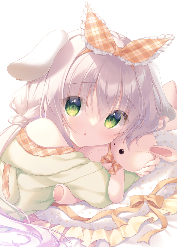 1girl :o animal_ears bare_shoulders bed_sheet bow frilled_pillow frilled_ribbon frills green_eyes green_jacket grey_hair hair_between_eyes hair_ribbon hood hood_down hooded_jacket hugging_object jacket long_hair long_sleeves looking_at_viewer orange_ribbon original parted_lips pillow plaid plaid_ribbon polka_dot rabbit_ears ribbon simple_background solo stuffed_animal stuffed_rabbit stuffed_toy upper_body very_long_hair white_background yellow_bow yukie_(peach_candy)