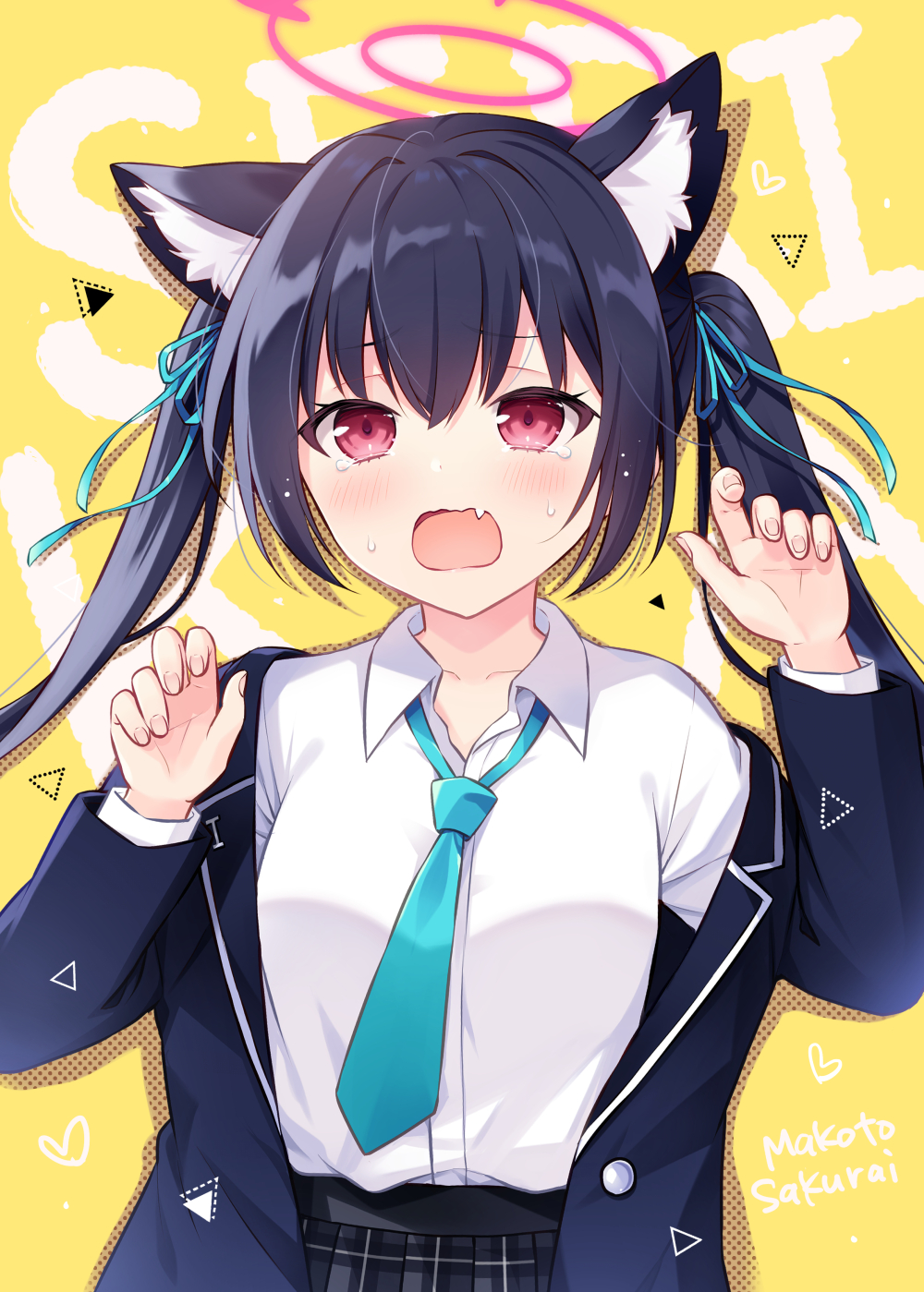 1girl animal_ear_fluff animal_ears black_hair black_jacket blue_archive blue_necktie blue_ribbon blush breasts cat_ears character_name collared_shirt commentary_request dress_shirt fang grey_skirt hair_between_eyes hair_ribbon halo hands_up highres jacket long_hair necktie off_shoulder open_clothes open_jacket open_mouth plaid plaid_skirt pleated_skirt red_eyes ribbon sakurai_makoto_(custom_size) school_uniform serika_(blue_archive) shirt skirt small_breasts solo sweat tears text_background twintails very_long_hair white_shirt yellow_background