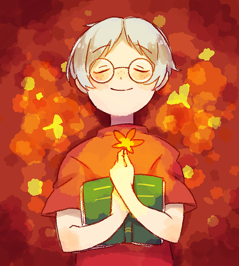 1boy book closed_eyes closed_mouth facing_viewer freckles grey_hair holding holding_leaf leaf lloyd_(mother) lying male_focus mother_(game) mother_1 on_back open_book red_background red_shirt round_eyewear shifumame shirt short_hair short_sleeves smile solo
