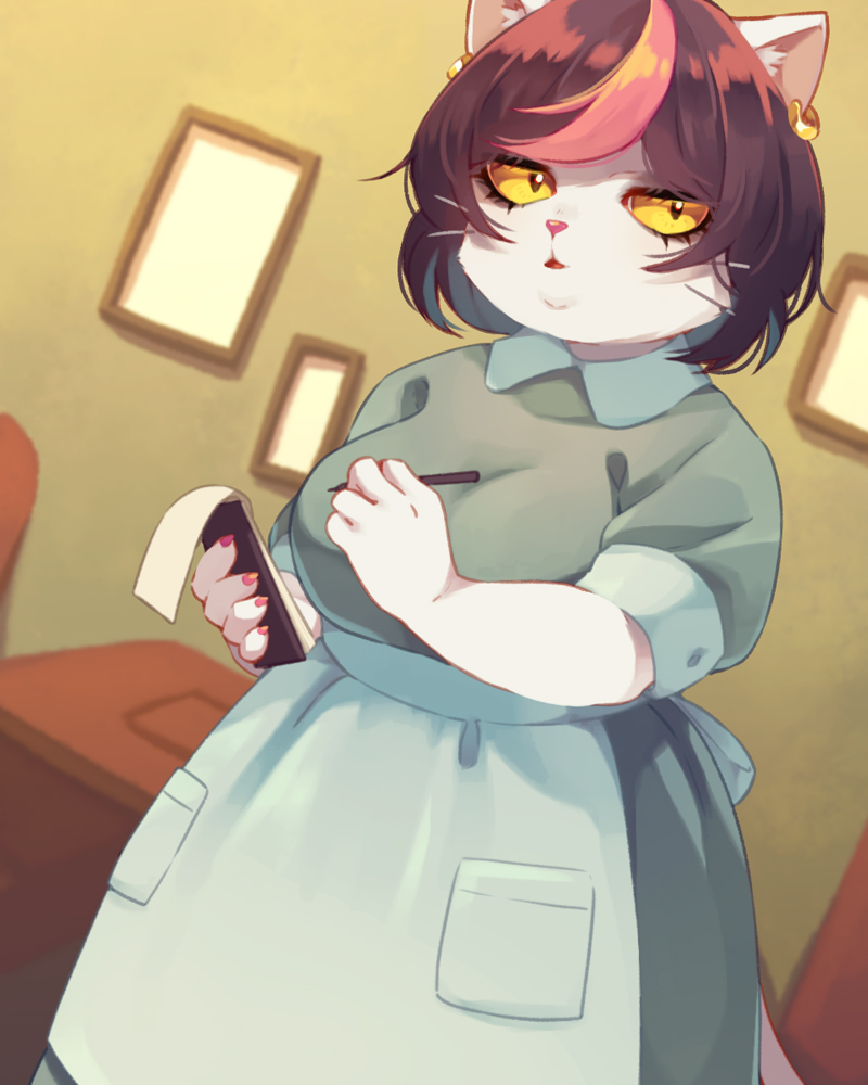 1girl animal_ear_piercing apron cat_girl catti_(deltarune) claws colored_sclera deltarune dress furry furry_female grey_dress holding holding_notepad holding_pen indoors looking_at_viewer multicolored_hair notepad parted_lips pen shifumame short_hair solo streaked_hair waist_apron whiskers yellow_sclera